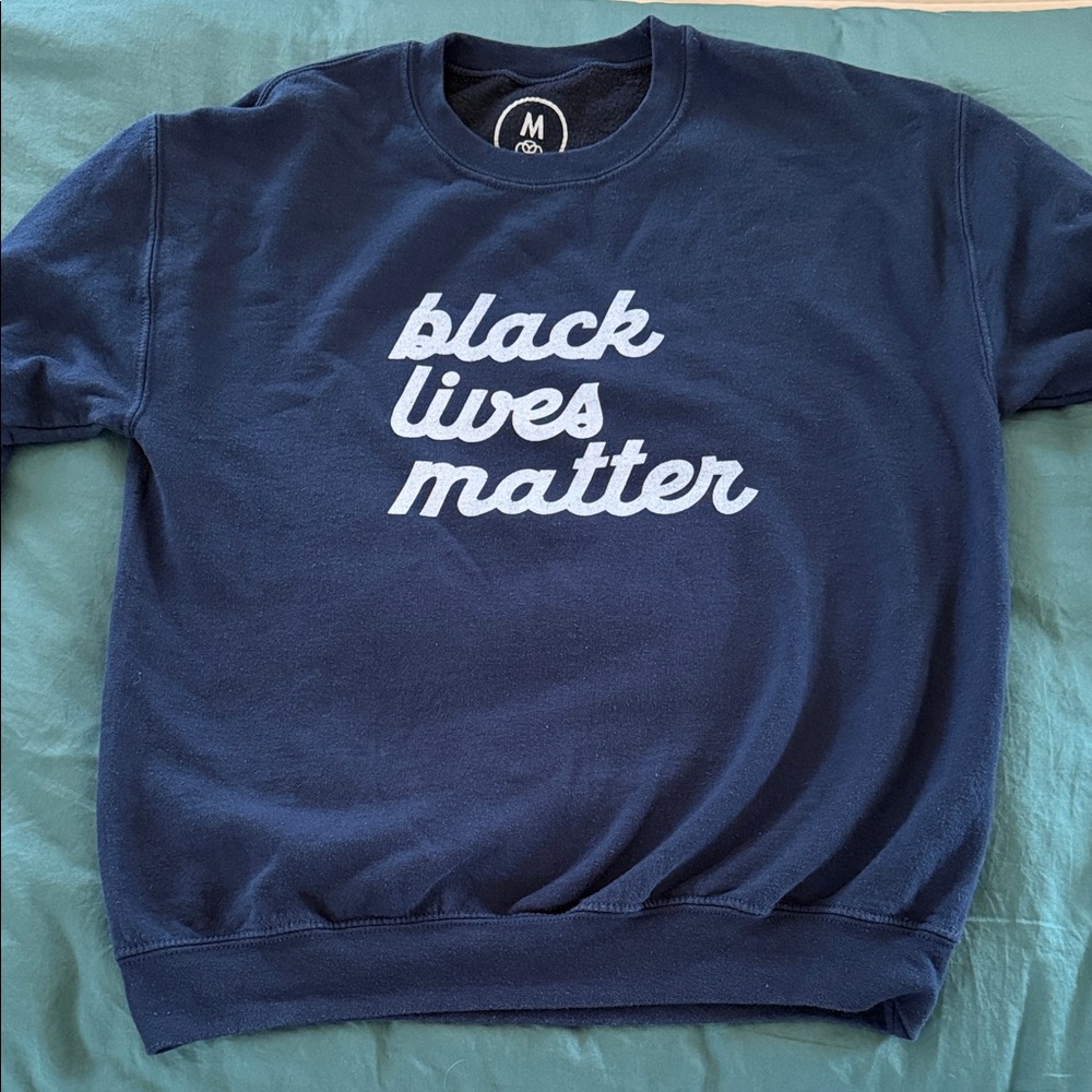 Navy Blue Sweatshirt with White Text Black Lives Matter medium